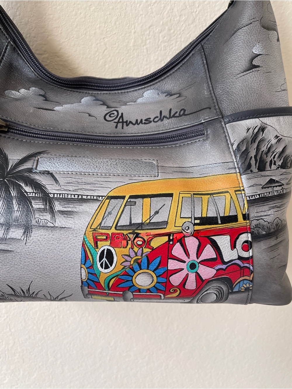 Anuschka Gray Leather Shoulder Bag with Colorful Painted Hippie Van